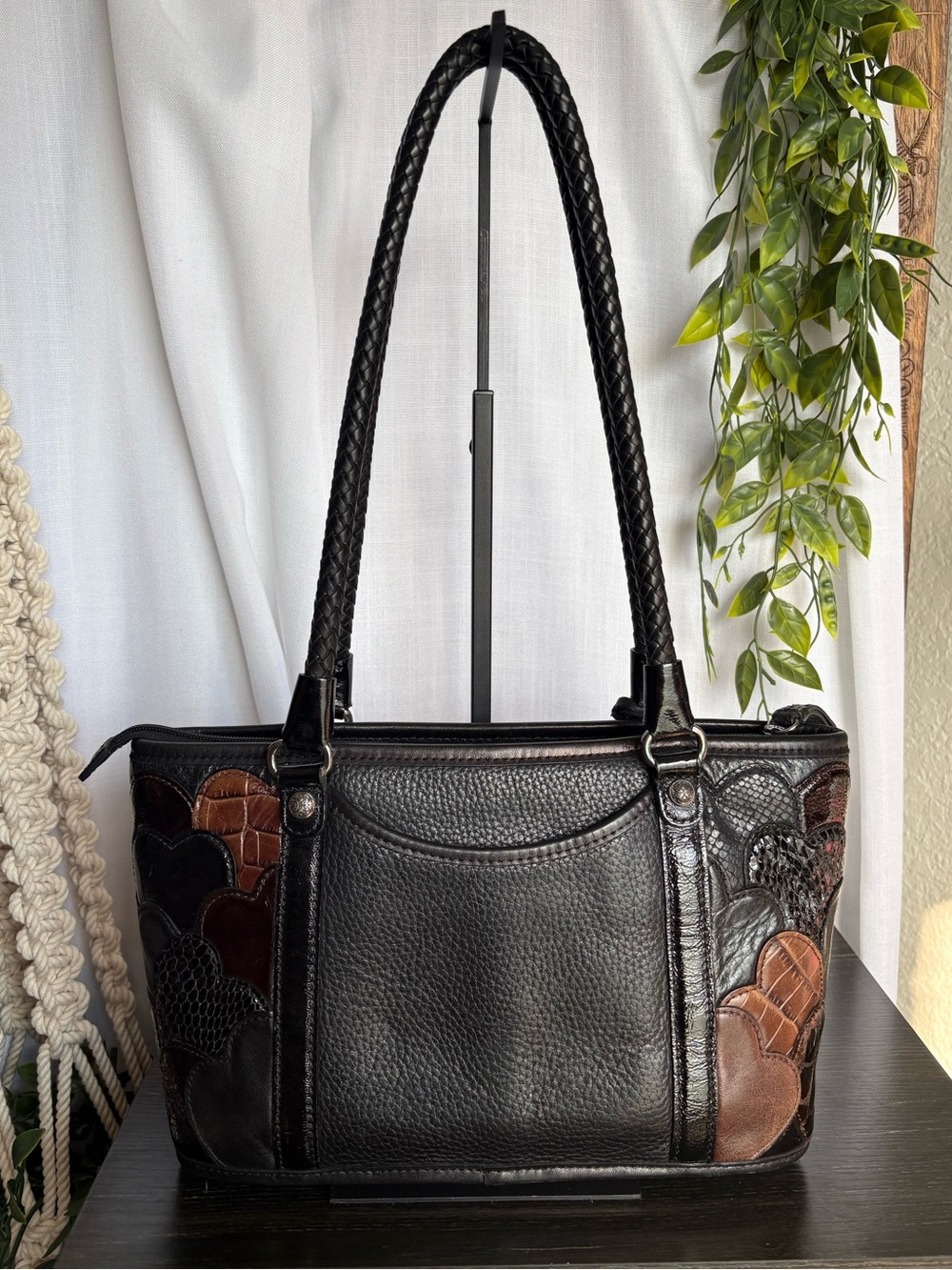 Vintage Brighton Black Leather Patchwork Hearts Shoulder Bag Croc Snake Braided - Picture 2 of 11